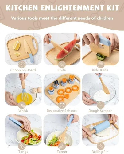 Miniatura 2 de Juego de cocina Montessori de madera para niños, herramientas de cocina reales y utensilios para hornear, kit de cocina de 15 piezas para niños