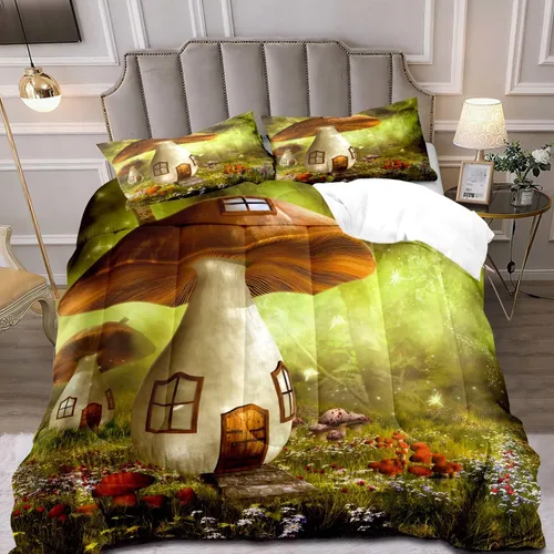 Miniatura 10 de LUVIVIHOME Juego de edredón de 2 piezas de hongos trippy rojos, tamaño individual, ropa de cama para niños y niñas, plantas botánicas verdes