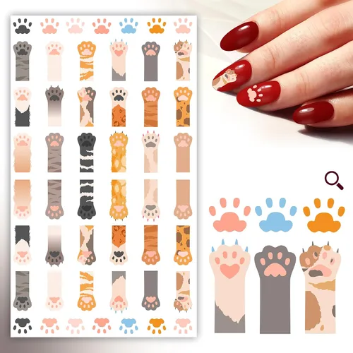 FLONZNAIL - Calcomanías para uñas (5 hojas), adorables y lindas patas de gato, decoración de uñas, calcomanías de estilo vintage