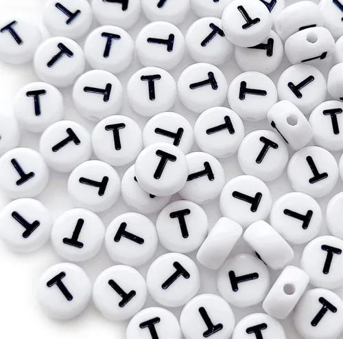 Miniatura 2 de 100 cuentas de letras acrílicas de 0.16 x 0.27 pulgadas (0.157 x 0.276 in) para hacer joyas, cuentas redondas blancas de la letra T para hacer 1Flat