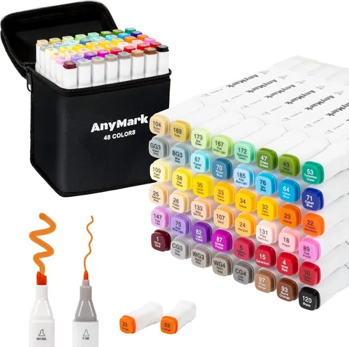 AnyMark Marcadores de alcohol, juego de 48 colores de doble punta para adultos, dibujo de libros, bocetos, pintura, cincel y fino, portalápices