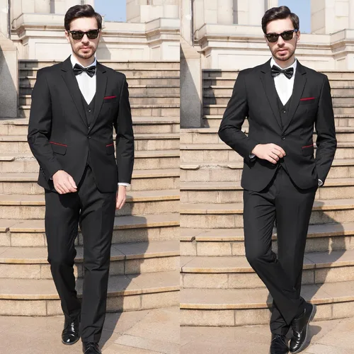 Miniatura 5 de MAGE MALE Traje negro de 3 piezas para hombre, elegante, liso, con un botón, ajustado, de un solo pecho, para fiesta, blazer y pantalones, Negro 0211