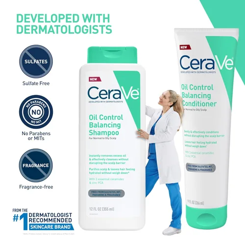 Miniatura 6 de CeraVe Champú equilibrante de control de aceite, champú aclarador con ceramidas y ácido hialurónico, elimina el aceite y deja el cabello hidratado