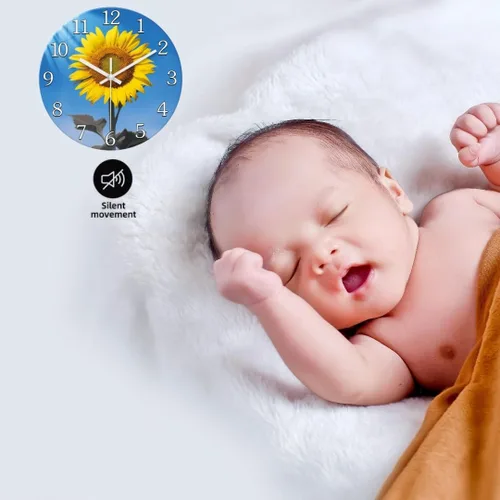 Miniatura 6 de XFM Reloj de pared de girasol de 12 pulgadas, silencioso, sin tictac, operado con pilas, decorativo, con flores amarillas, para cocina, sala