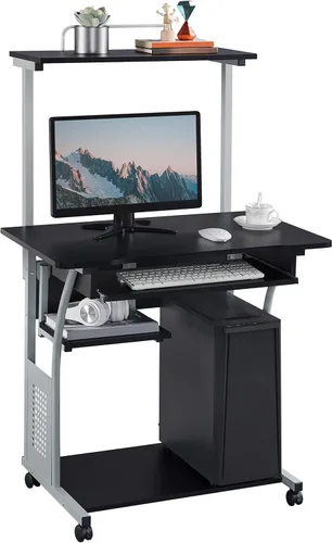 Escritorio para computadora de dos niveles con librero para impresora, para la oficina o el hogar, escritorio con ruedas, mesa de color negro