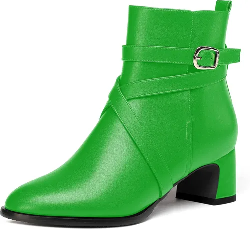 Miniatura 15 de WAYDERNS Botas altas de tobillo con hebilla casual para mujer, con correa de tobillo sólida mate, tacón bajo y grueso, 2 pulgadas