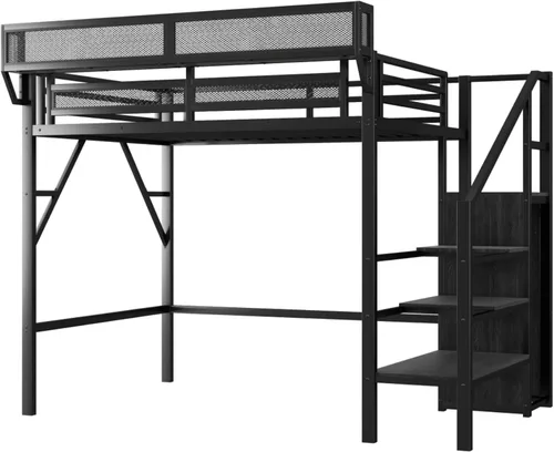 Miniatura 6 de Cama alta convertible de tamaño individual con escaleras de almacenamiento, estantes y armario, marco de cama de metal con barandilla de seguridad