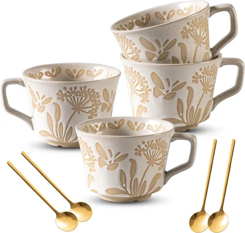 Miniatura 10 de Juego de 4 tazas de café con cuchara dorada, taza de cerámica pintada a mano de estilo antiguo de 11 onzas para hombres y mujeres, regalos únicos