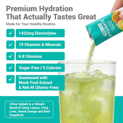 Miniatura 2 de TRULABS Hydrate - Mezcla de bebida con electrolitos – Sabor cítrico Splash, paquetes de hidratación sin azúcar con electrolitos de 1422 mg y 19
