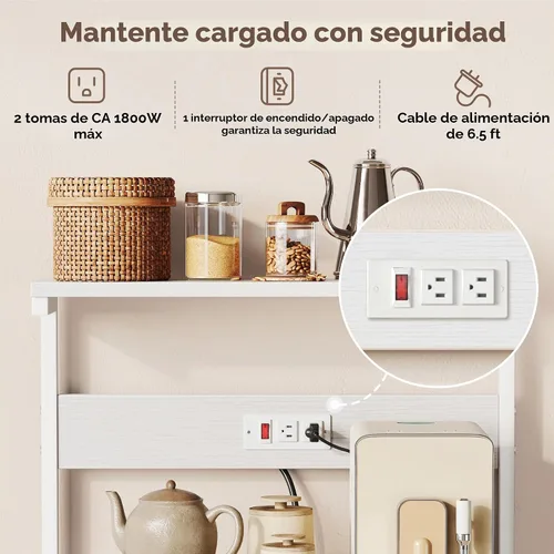 Miniatura 3 de SUPERJARE - Estante para panaderos con tomas de corriente, soporte para microondas de 39.4 x 14.3 pulgadas, estante de almacenamiento con estante