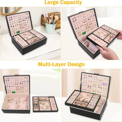 Miniatura 4 de Joyero organizador para mujer, organizador de aretes, cajas de almacenamiento de joyas multicapa, regalo ideal, aretes de piel sintética, caja