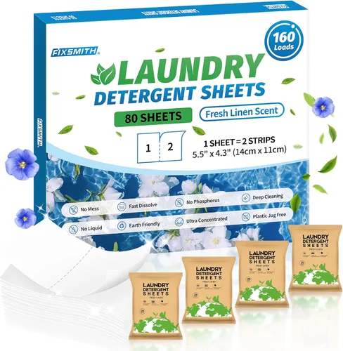 Miniatura 15 de FIXSMITH Hojas de detergente para ropa - 200 cargas (100 hojas) aroma a lino fresco - Tiras de detergente para ropa hipoalergénicas y ecológicas