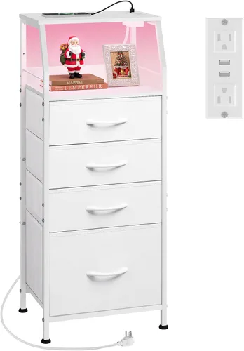 Miniatura 14 de WLIVE Mesita de noche con estación de carga, mesita de noche LED con 4 cajones de tela y estante de almacenamiento, cómoda alta para dormitorio