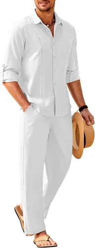 COOFANDY Conjunto de 2 piezas de lino para hombre, camisa cubana con botones y pantalones sueltos de manga larga y pantalones sueltos para