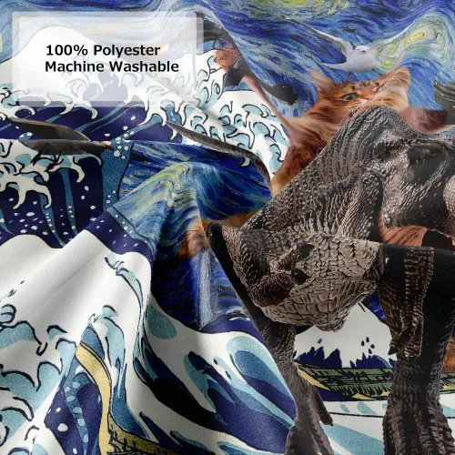 Miniatura 5 de Divertido juego de cortina de ducha con diseño de gato, dinosaurio japonés con ondas oceánicas, cortinas de baño divertidas para niños, decoración