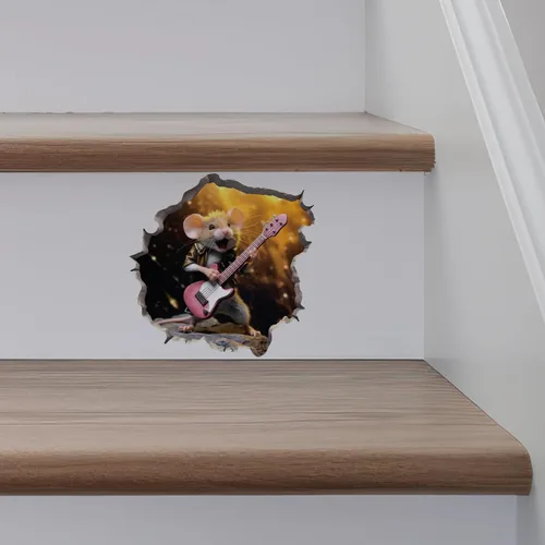 Miniatura 5 de Rock and Roll Mouse in Mouse Hole - Calcomanía de pared 3D con agujero de ratón
