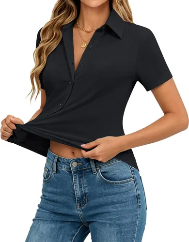 Miniatura 14 de siliteelon Camisas de manga corta con botones para mujer, camisas de vestir elásticas en 4 direcciones, blusa de trabajo ajustada