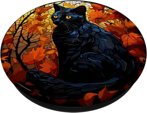 Miniatura 2 de Halloween Gato Negro Vidriera Otoño Hojas PopSockets Estándar PopGrip