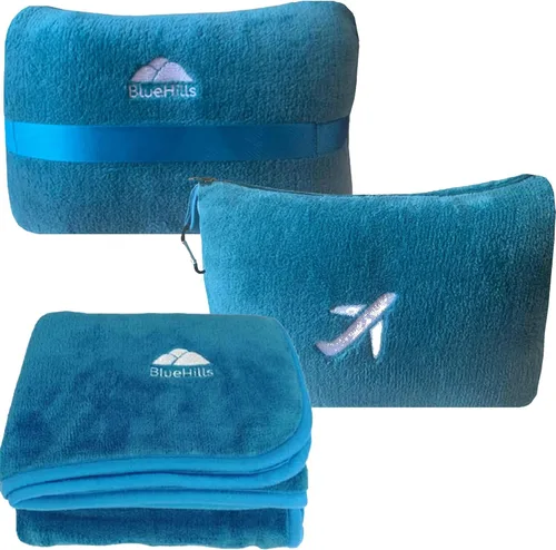 Miniatura 11 de BlueHills Paquete de 2 Mini Mantas de Viaje de Felpa Suave Premium, Almohada, Esenciales de Avión para Dos en Bolsa, Viaje en Vuelo, Mantas de Avión