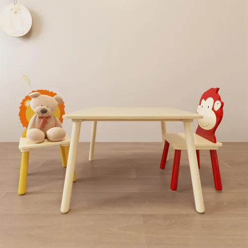 Miniatura 4 de Juego de mesa y silla para niños, juego de mesa de madera para niños con 2 sillas, mesa de actividades adorablemente animales para leer, dibujar