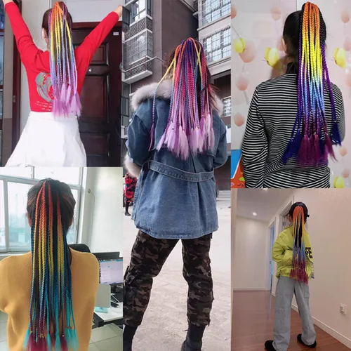 Miniatura 2 de Extensiones de cabello con trenzas de colores con bandas de goma, extensiones sintéticas trenzadas arco iris, accesorios para el cabello de cola