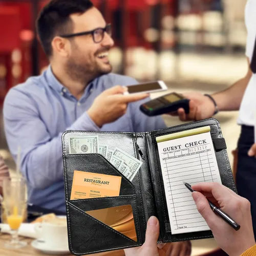 Miniatura 5 de Libros de mesero para camarera, cartera de cuero sintético con bolsillo con cremallera para mesero, organizador de libros para meseros, delantal