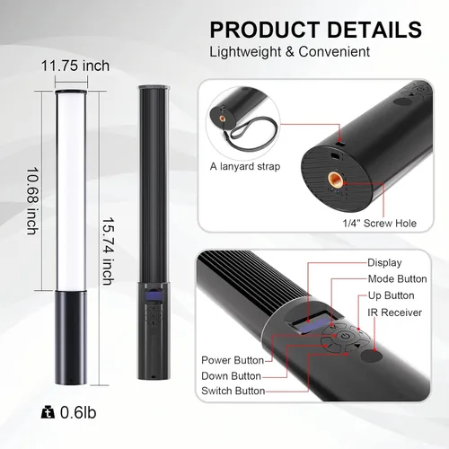 Miniatura 6 de Varita de luz LED RGB de 360° RGB para fotografía de estudio, luces de tubo alimentadas por batería, 12 efectos de iluminación, luz de cámara