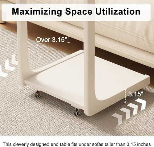 Miniatura 5 de AQIMUELE Mesa auxiliar de madera en forma de C, escritorio de sofá con 2 ruedas con cerradura, mesa de sofá de 4 niveles con bolsa de Natural