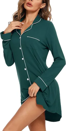 Miniatura 56 de Samring Camisón de pijama para mujer, manga corta/larga, con botones, camisón para dormir, camisón para novio, talla XXL