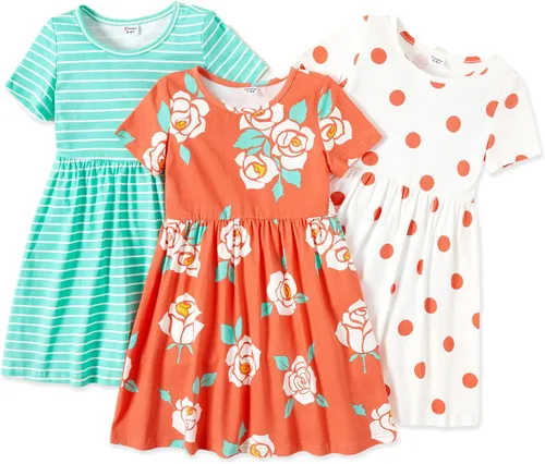 PATPAT Toddler Girl's Floral Skater Multipack Dresses Casual Summer Short Sleeve and Fall Long Sleeve Dress Set 2-7 Years