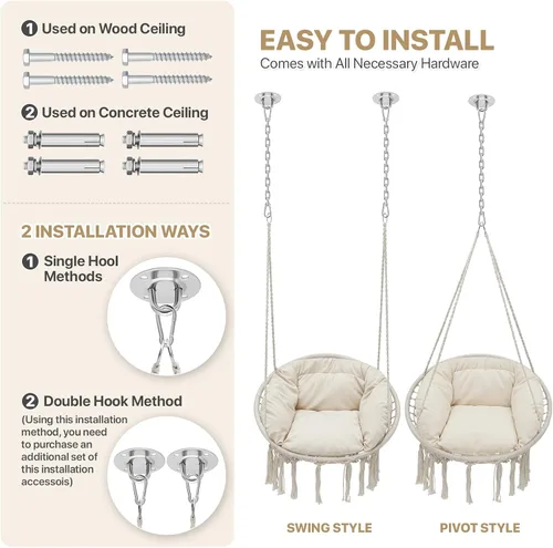 Miniatura 5 de Monibloom Silla hamaca colgante, silla columpio de macramé con cojín, capacidad de 350 libras para adultos y adolescentes, para porche al aire Beige