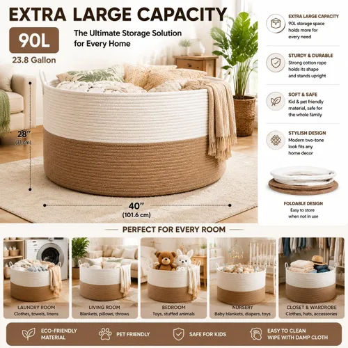 Miniatura 4 de Cesta de cuerda de algodón extra tejida, 87 L, hecha a mano, 22 x 22 x 14 pulgadas, cesta organizadora de lavandería con asas, organizador