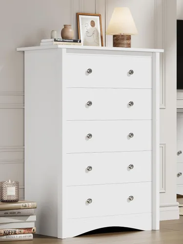 Miniatura 11 de Flamaker Cómoda alta para dormitorio, cómoda de 5 cajones, cómoda de madera, cómoda ancha, cajones de almacenamiento, organizador de almacenamiento