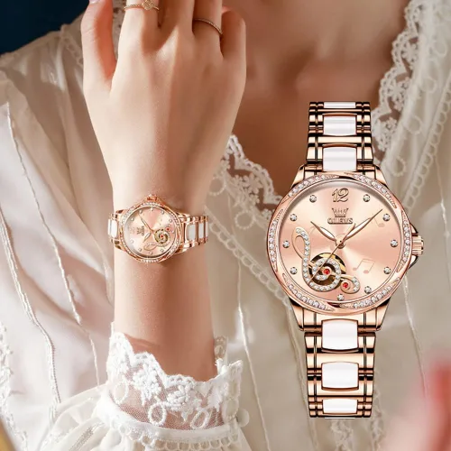 Miniatura 4 de OLEVS Relojes para mujer, de cuerda automática, oro rosa, diamante, reloj de pulsera mecánico automático, acero inoxidable, dos tonos, pulsera