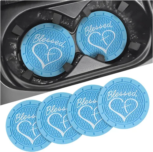 AICEL Paquete de 4 posavasos para automóvil, 2.75 pulgadas, de PVC suave, portavasos para automóvil, diseño cristiano de cruz bendita y corazón,