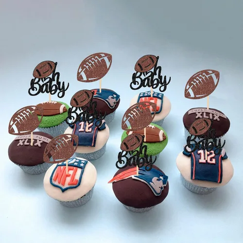 Miniatura 5 de Oh Baby - Juego de 24 adornos para cupcakes de fútbol americano con purpurina para decoración de cupcakes de fútbol americano para superrugby