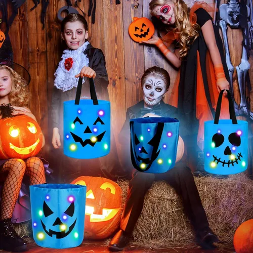 Miniatura 3 de Yaomiao 4 cubos de Halloween para trucos o golosinas para niños, bolsas de dulces de calabaza con luces LED, cestas de regalo reutilizables para Azul