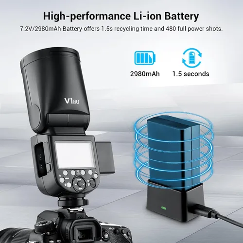 Miniatura 6 de Godox V1 V1-N Flash de cámara de cabeza redonda para Nikon, 76Ws 2.4G TTL Speedlite para Nikon HSS 1/8000s, batería recargable, 480 tomas