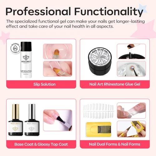 Miniatura 9 de Modelones Kit de uñas de polygel de 133 piezas, kit de gel para extensiones de uñas de 32 colores en primavera rosa pastel con lámpara de uñas, capa