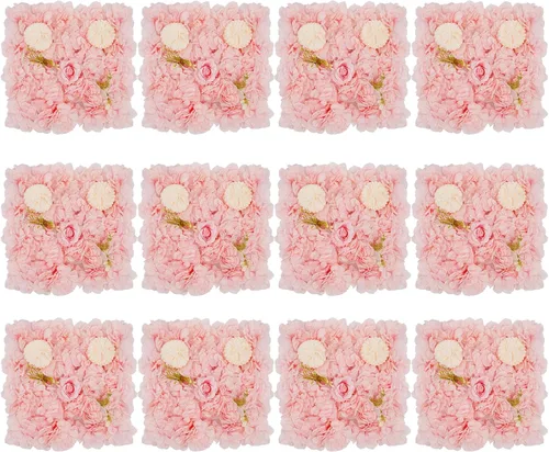 Miniatura 26 de Paneles de pared de flores 3D, 12 paneles de pared de flores artificiales, rosas de seda, fondo de pared de flores sintéticas decorativas