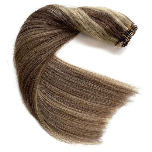Miniatura 7 de Extensiones de cabello humano real, balayage, color castaño ceniza a rubio miel, extensiones de cabello humano con reflejos, 14 pulgadas, 2.82 oz
