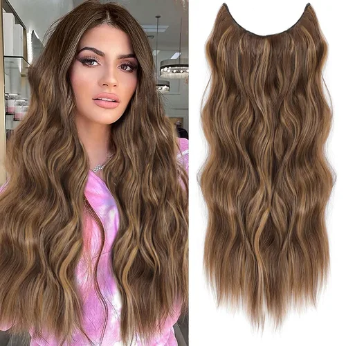Miniatura 24 de Extensiones de cabello con halo de 12 pulgadas con alambre invisible, cabello largo ondulado ajustable, sintético, mejora con 4 clips de seguridad