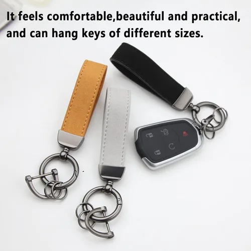 Miniatura 5 de Llavero de cuero genuino para automóvil, soporte de llavero de cuero, giratorio de 360 grados, con anillo en D antipérdida, 3 llaveros