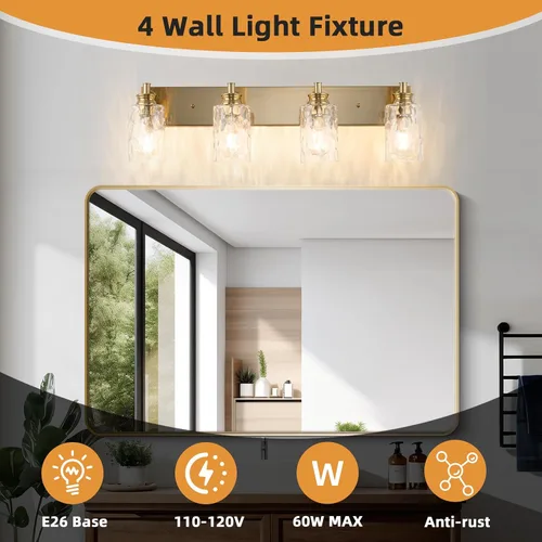 Miniatura 6 de Accesorios de lámpara de tocador de baño de 2 luces, moderna lámpara de baño dorada cepillada sobre espejo con pantalla de vidrio martillado
