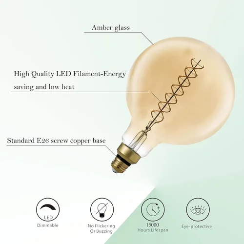Miniatura 3 de SD LUX Bombilla LED gigante vintage de gran tamaño, bombilla Edison enorme, regulable, 8 W 450 lm (equivalente a 50 W), blanco cálido 2200 K, base