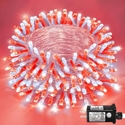 Miniatura 40 de Guirnalda de 120 luces LED rojas impermeables para exteriores, luces de Navidad rojas de 40 pies, 8 modos, cable transparente, guirnalda de luces
