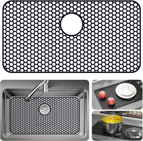 Miniatura 29 de Bestjing Tapete de silicona para fregadero - Protectores para fregadero de cocina con drenaje central, accesorio de rejilla de cocina de 26" x 14