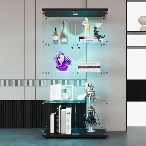 Miniatura 15 de Vitrina de cristal con luces LED y cerradura, vitrina Curio de 4 niveles con puerta de cristal, estantería de pie para sala de estar, dormitorio