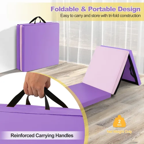 Miniatura 6 de Goplus Esterilla de Gimnasia Plegable, 6' x 2' x 2'' de Grosor Tri-Fold Esterilla de Ejercicio y Volteretas con Asas de Transporte, Cierre de Gancho