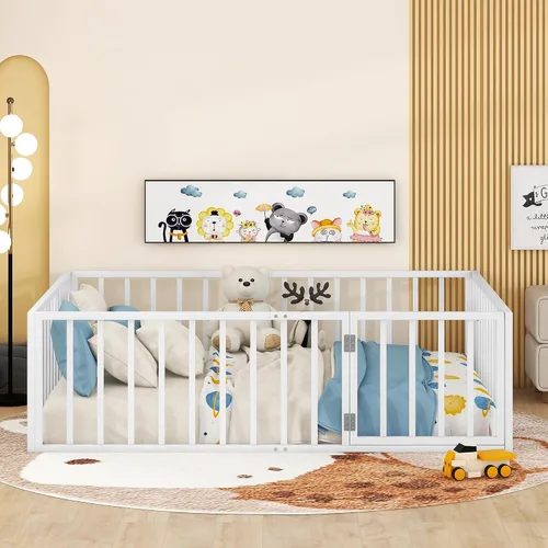 Miniatura 20 de Base de cama individual para niños, cama Montessori de metal con rieles y puerta, marco de cama de tamaño individual con barandillas